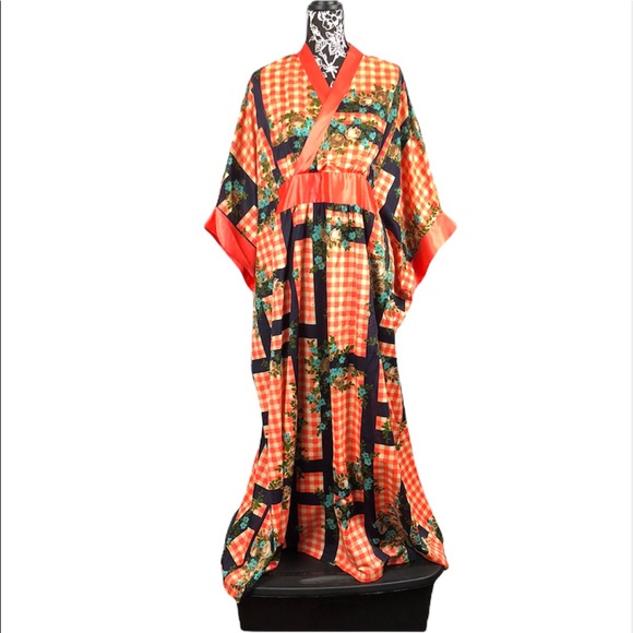 Green Castle Dresses & Skirts - GREEN CASTLE Kaftan Muu Muu Kimono style floral coral plaid maxi dress Sz M L XL
